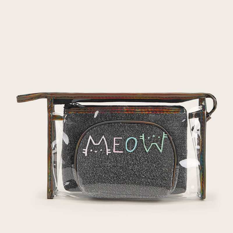 

3pcs Glitter Makeup Bag, Black