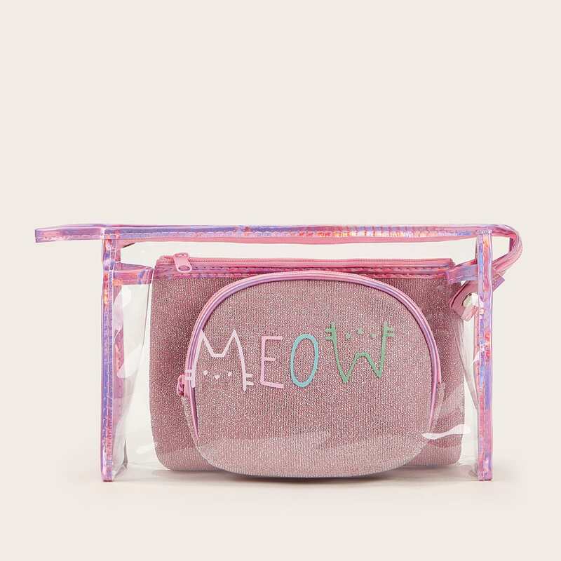 

3pcs Glitter Makeup Bag, Pink