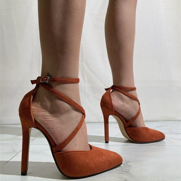 

Stiletto Heeled Ankle Strap Pumps, Brown