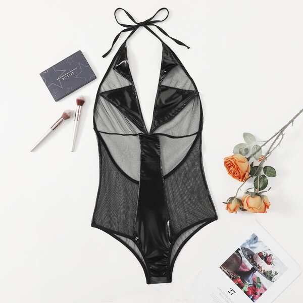 

Plus Contrast PU Mesh Halter Teddy Bodysuit, Black