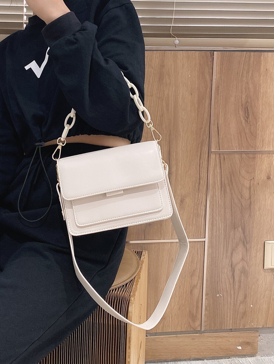 鏈條翻蓋手提包 - 米色 - 查看 1