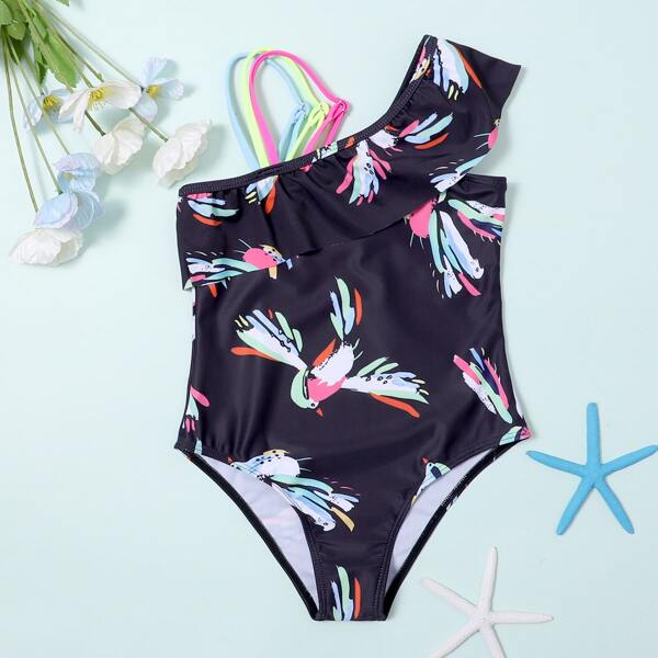 

Girls Random Bird Print Ruffle One Piece Swimsuit, Multicolor