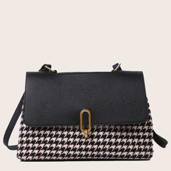 

Houndstooth Pattern Crossbody Bag, Black