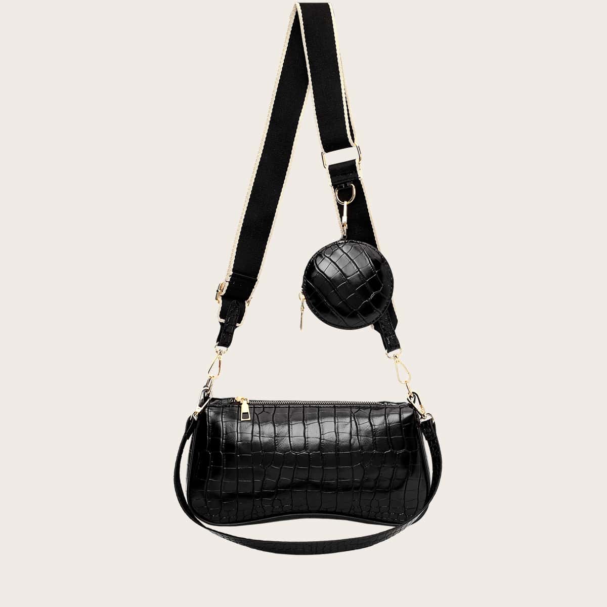 

Croc Embossed Baguette Bag With Purse, Black