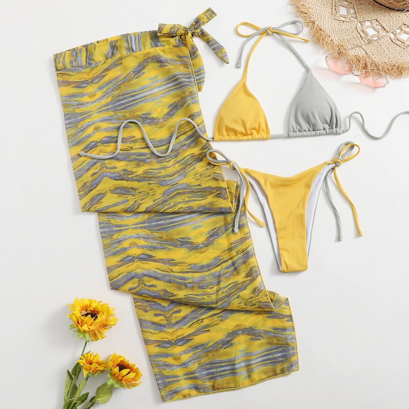 

Two Tone Bikini Swimsuit With Beach Skirt, Multicolor