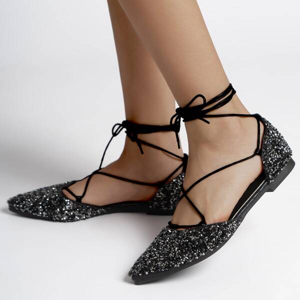 

Tie Leg Glitter Flats, Black