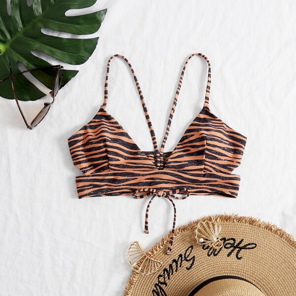 

Zebra Stripe Tie Back Bikini Top, Brown