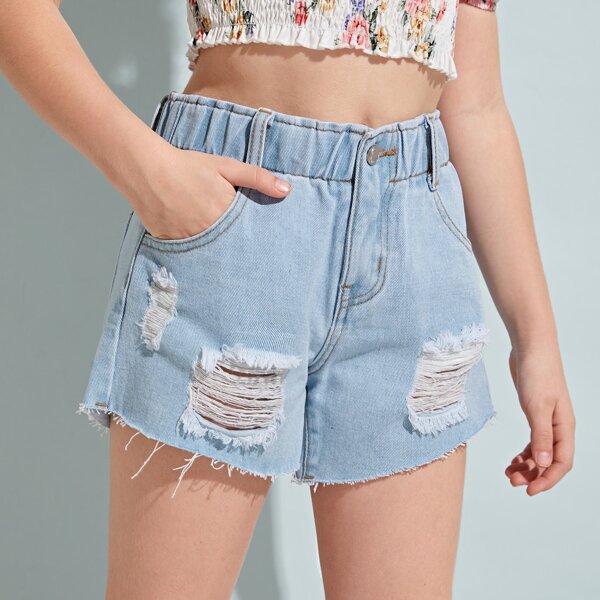 

Girls Elastic Waist Ripped Detail Denim Shorts, Light wash