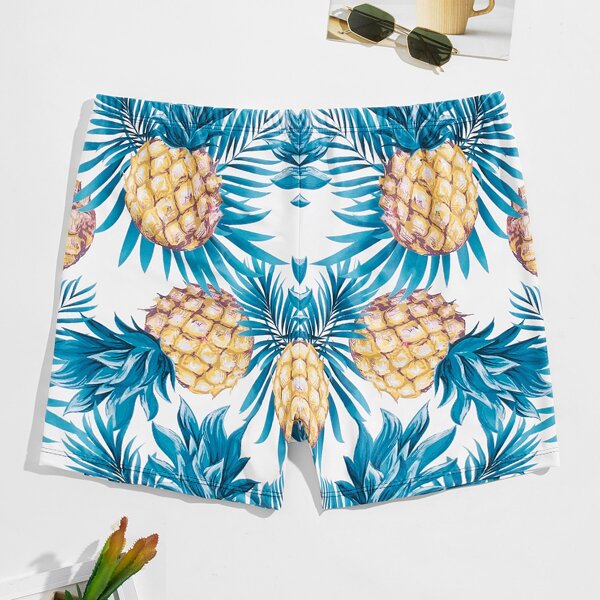 

Men Pineapple Print Square Leg Swim Trunks, Multicolor