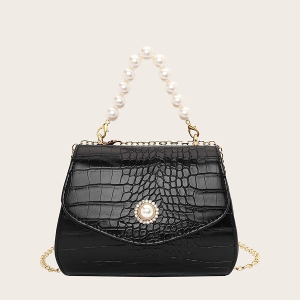 

Faux Pearl Beaded Croc Embossed Chain Bag, Black