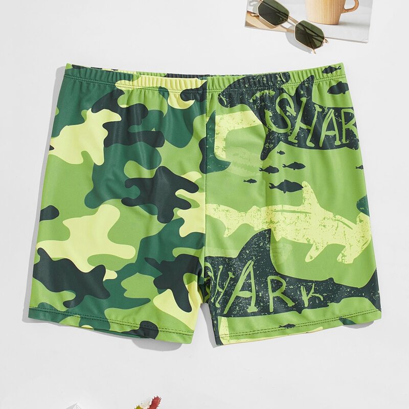 

Guys Letter And Camo Print Square Leg Swim Trunks, Green
