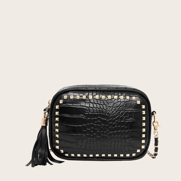 

Studded Decor Croc Embossed Crossbody Bag, Black