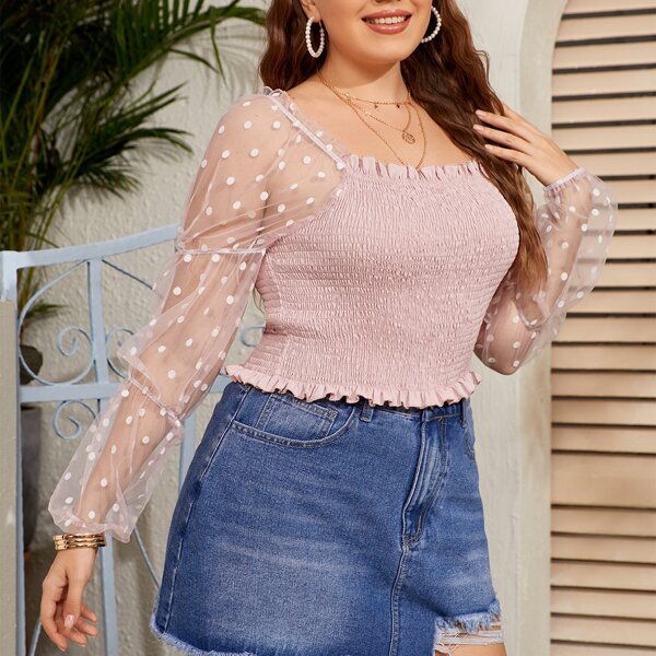 

Plus Dobby Mesh Bishop Sleeve Shirred Top, Baby pink