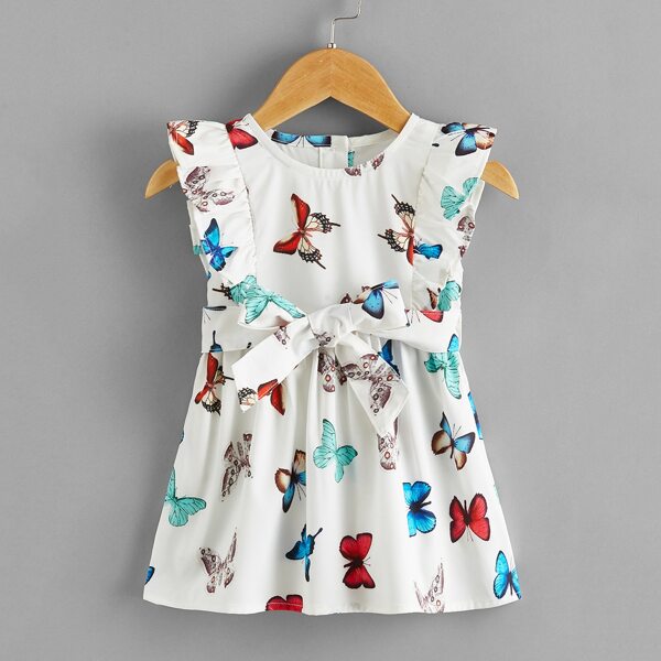 

Baby Girl Butterfly Print Ruffle Trim Belted Dress, Multicolor