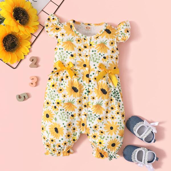 

Baby Girl Sunflower Print Bow Front Romper, Multicolor
