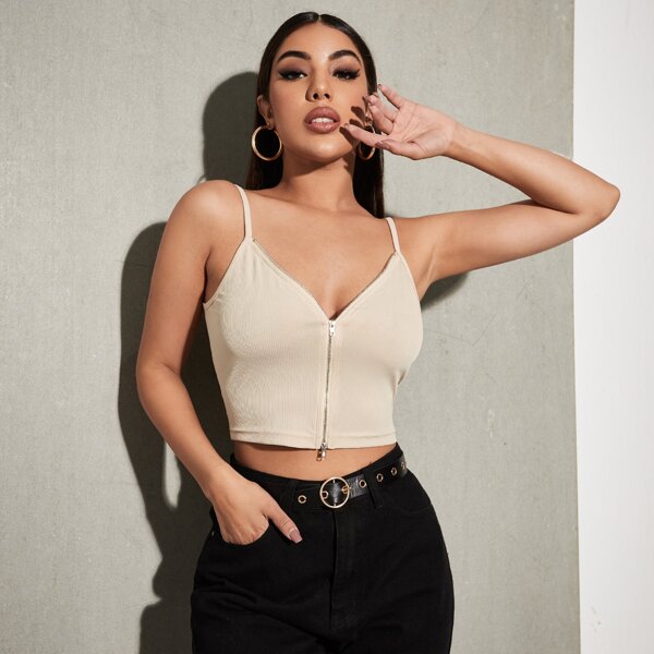 

Rib-knit Zipper Front Crop Cami Top, Apricot