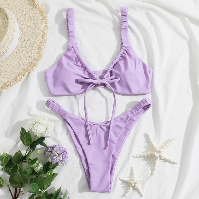 

Tie Front High Cut Bikini Swimsuit, Lilac purple