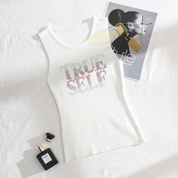 

Letter Graphic Rhinestone Tank Top, White
