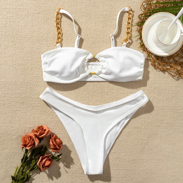 

Rib Chain & Ring Linked Bikini Swimsuit, White