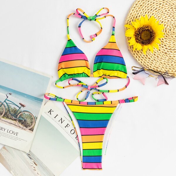 

Striped Rib Triangle Thong Bikini Swimsuit, Multicolor