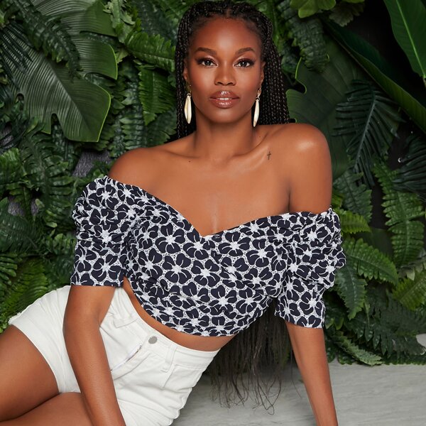 

Floral Embroidered Off Shoulder Shirred Back Top, Blue and white