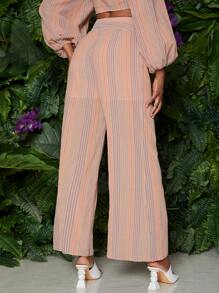SHEIN VCAY Pantalones de pierna ancha de rayas de cintura con cordón - Multicolor - Ver 2
