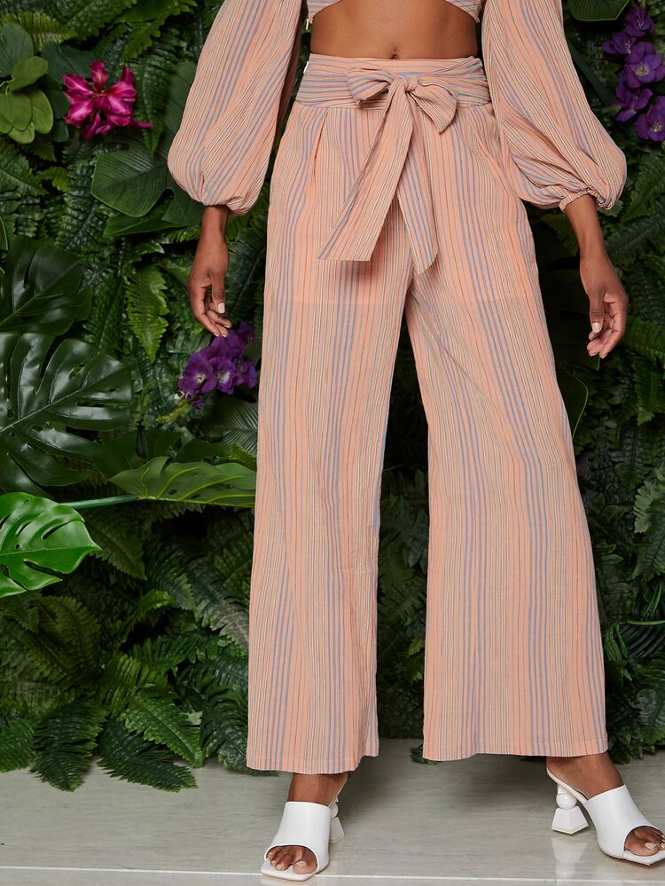Tie Waist Striped Wide Leg Pants