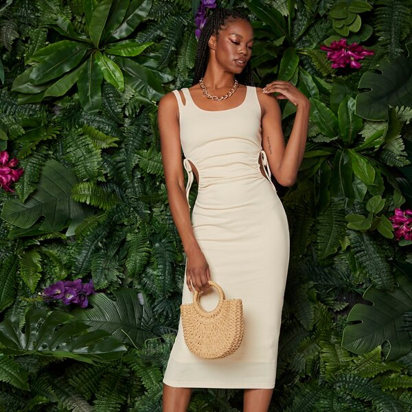 

Cutout Knotted Detail Solid Dress, Beige