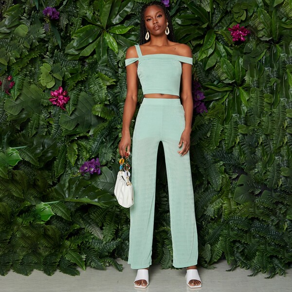 

Solid Asymmetrical Neck Top & Pants Set, Mint green