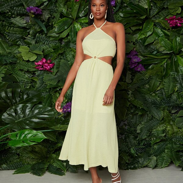 

Solid Cut Out Halter Dress, Lime green