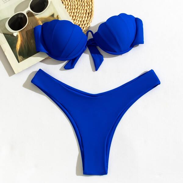 

Scallop Trim Push Up Bandeau Bikini Swimsuit, Royal blue