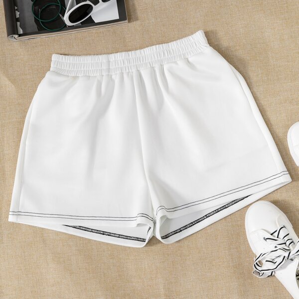 

Solid Elastic Waist Shorts, White