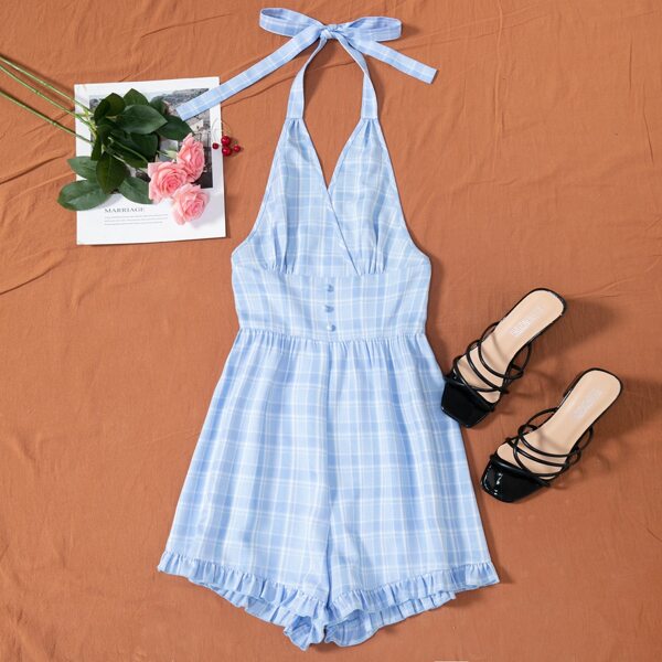 

Plaid Tie Back Ruffle Hem Halter Romper, Baby blue
