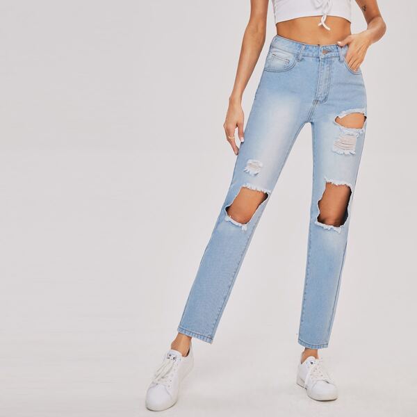 

Zipper Fly Ripped Detail Jeans, Light wash