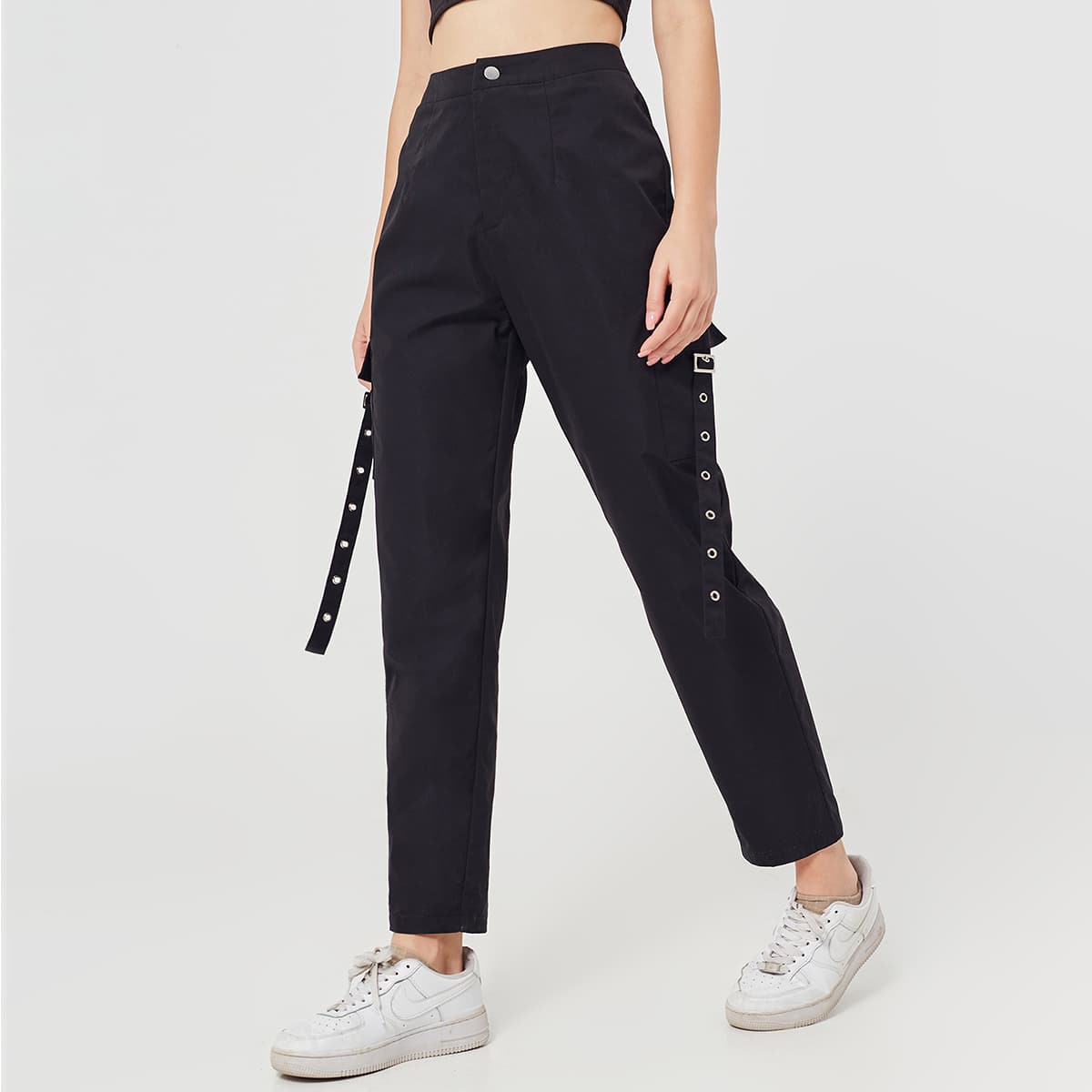 

Grommet Eyelet Strap Cargo Pants, Black