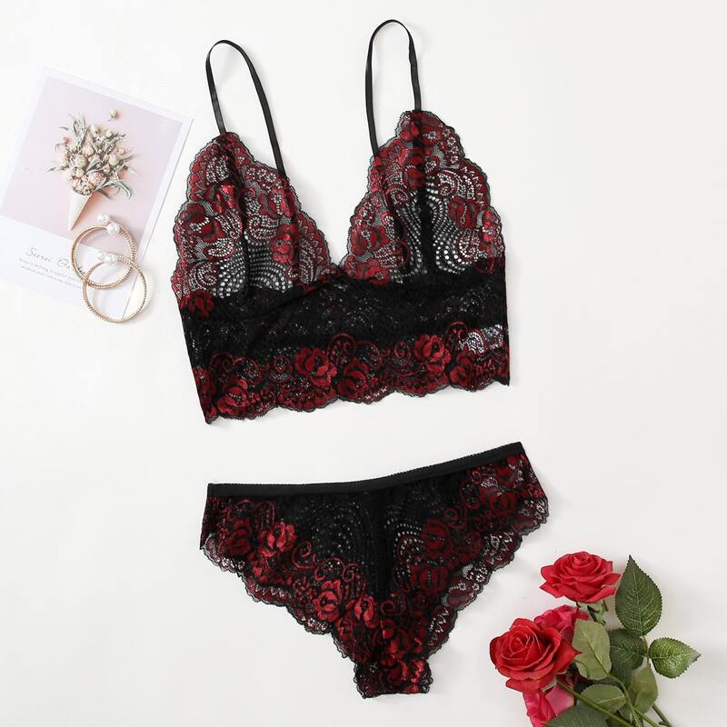 

Floral Lace Lingerie Set, Black