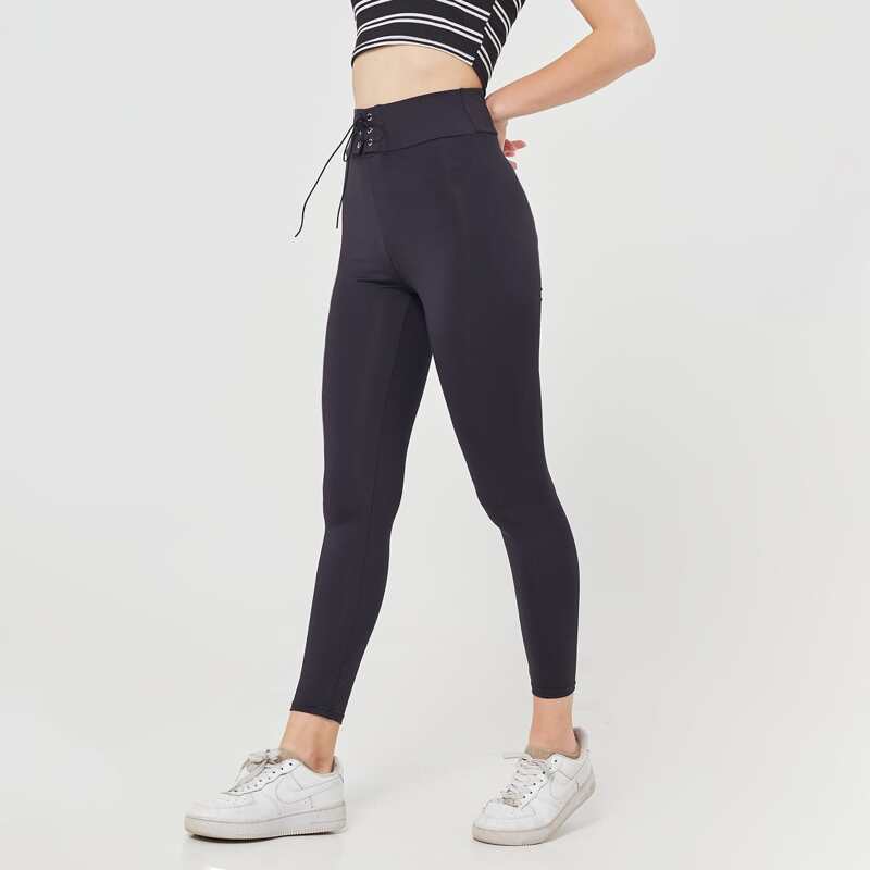 

Lace-up Waisted Solid Leggings, Black