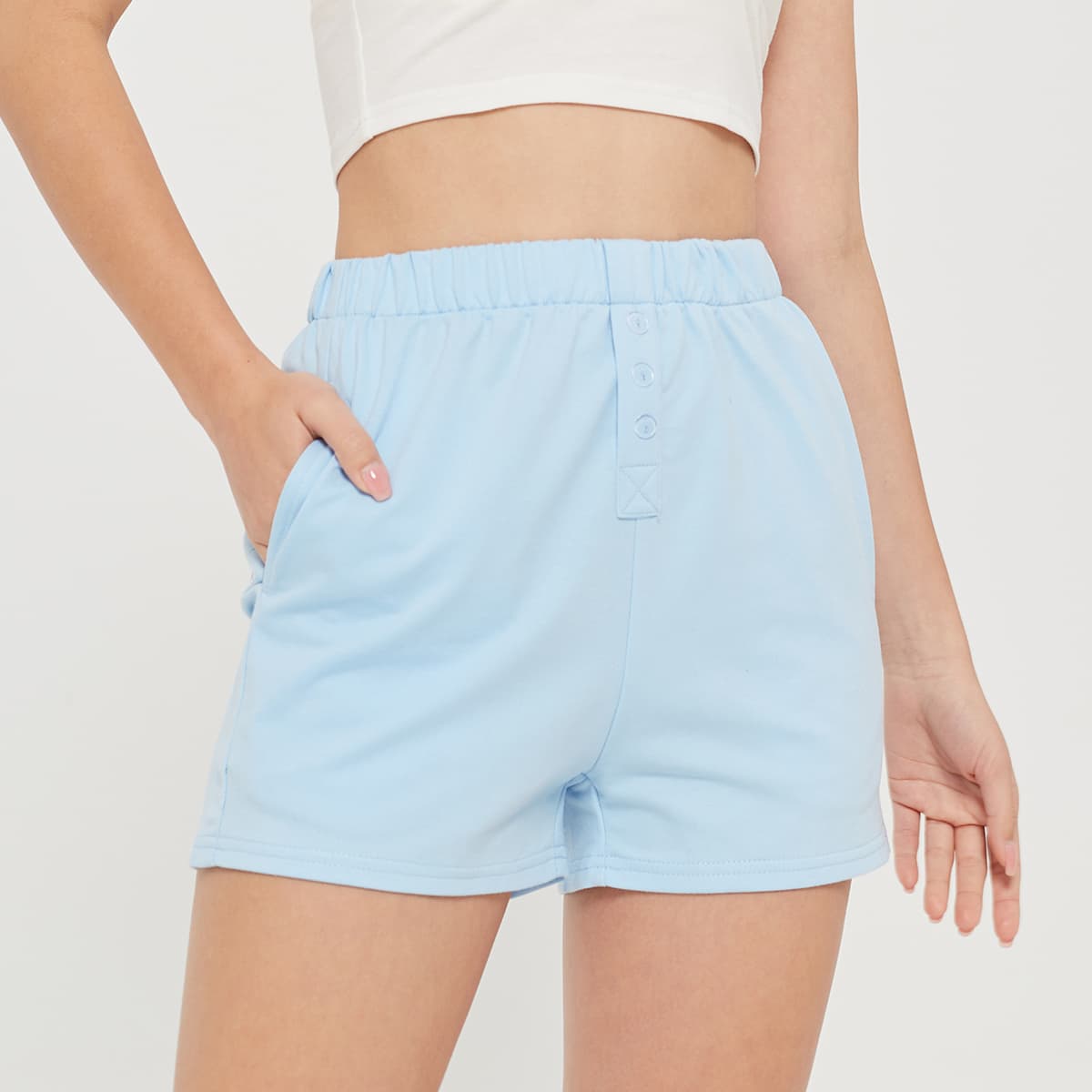

Solid Button Shorts, Baby blue