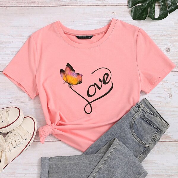 

Plus Butterfly And Letter Graphic Tee, Coral pink