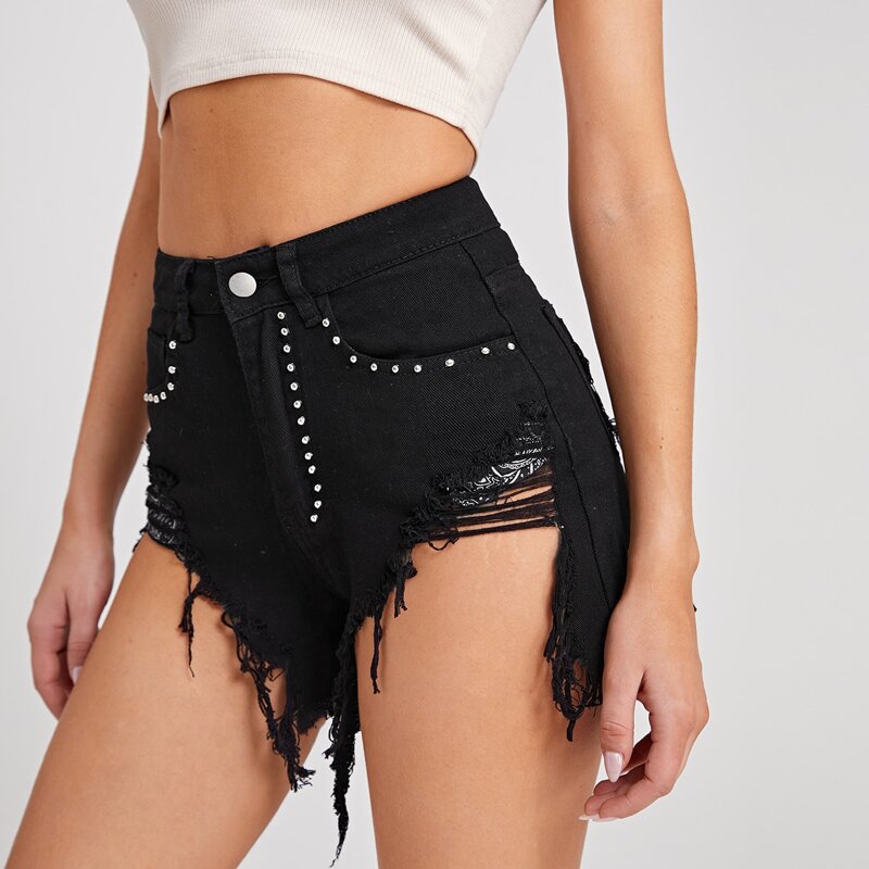 

Zipper Fly Studded Detail Distressed Hem Denim Shorts, Black