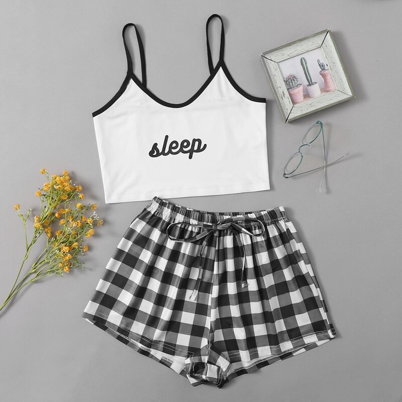 

Letter Graphic Cami & Plaid Shorts PJ Set, Multicolor
