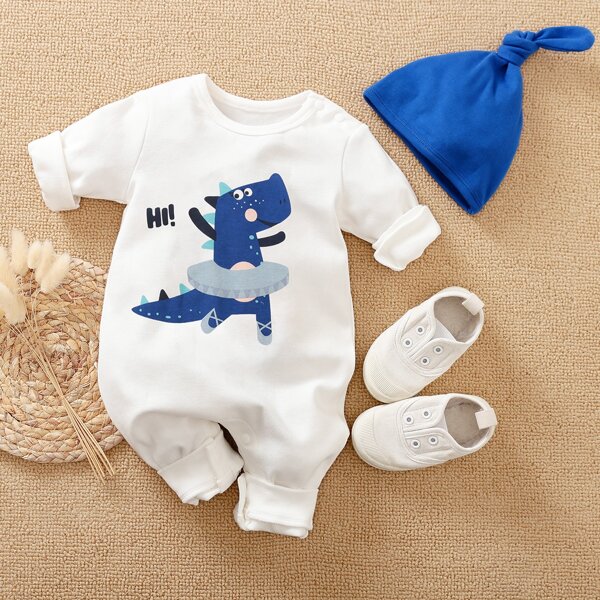 

Baby Girl Cartoon & Letter Graphic Jumpsuit With Hat, White