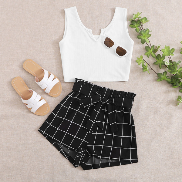 

Notched Neck Crop Tank Top With Plaid Print Belted Shorts, Black and white