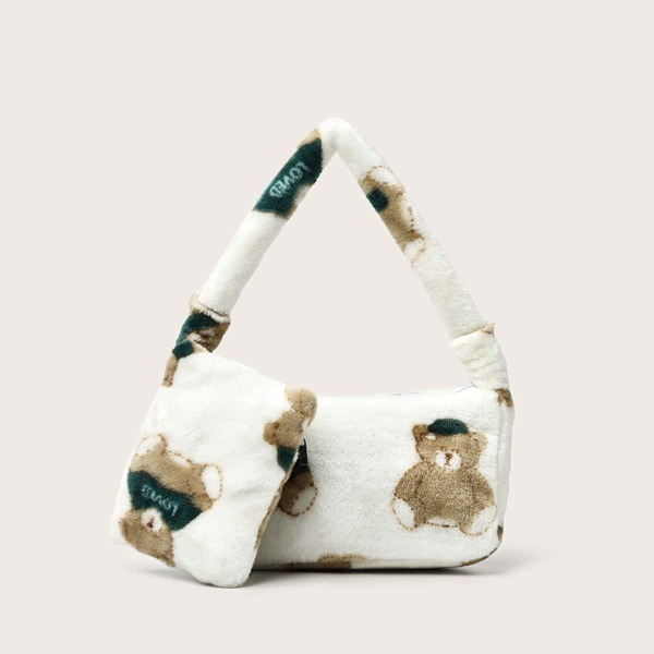 

Fluffy Bear Graphic Shoulder Bag With Purse, White