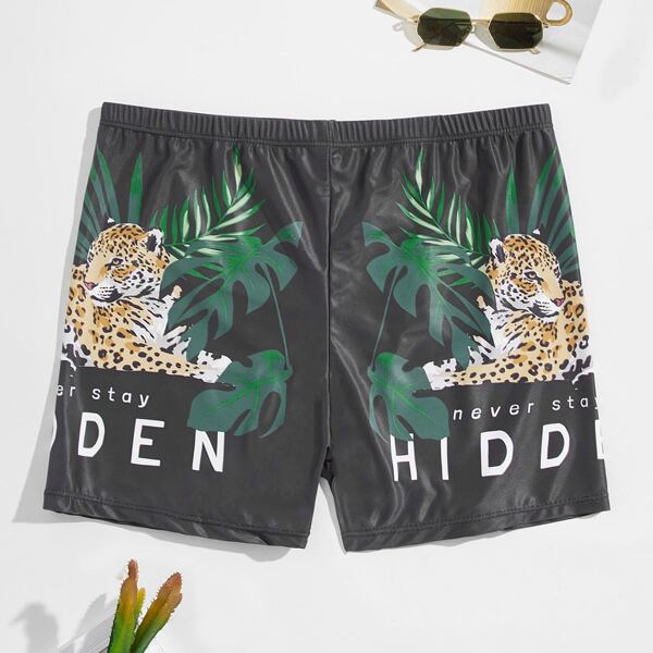 

Men Leopard And Slogan Graphic Square Leg Swim Trunks, Multicolor