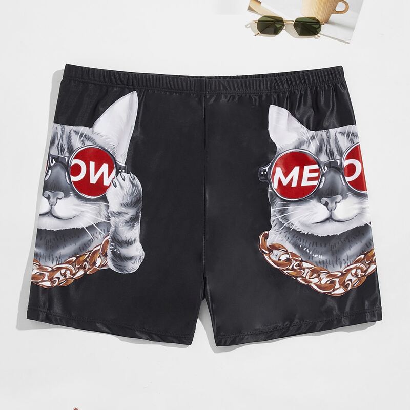 

Guys Cat And Letter Graphic Square Leg Swim Trunks, Multicolor