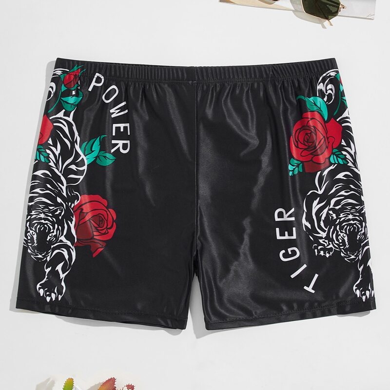

Guys Tiger And Floral Print Square Leg Swim Trunks, Black