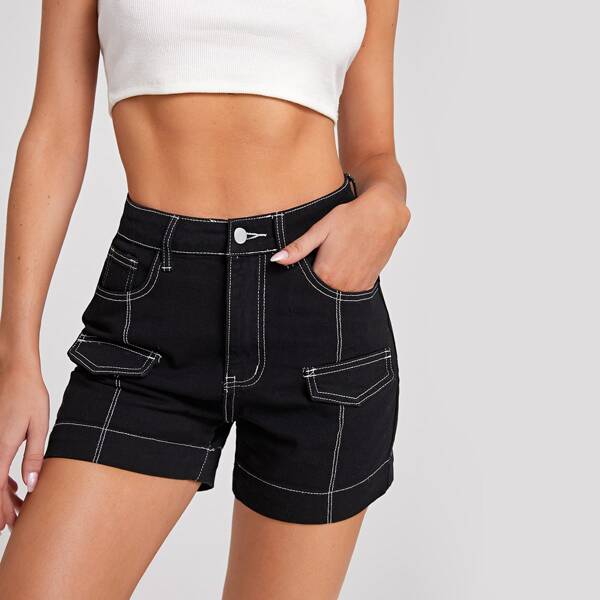 

Slant Pocket Denim Shorts, Black