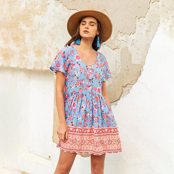 

V Neck Floral Print Smock Dress, Multicolor