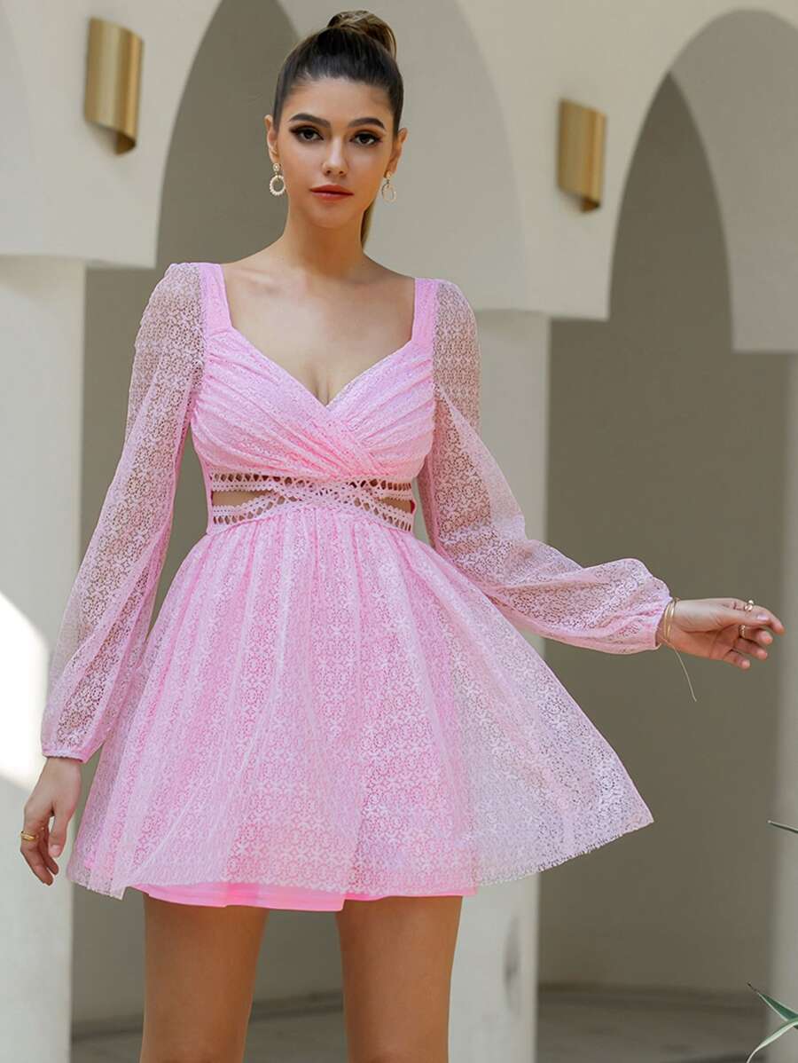 Double Crazy Cut Out Lace Dress - Pink - View 1